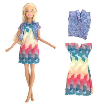 1 комплект есенен костюм за почивка: синьо яке без ръкави, риза + цветно модно рокля за аксесоари на куклата Барби