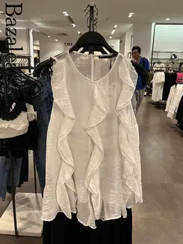 2023 г. Bazaleas Store Трафика на жените, Бяла шифоновая блуза с рюшами, Елегантна обещаваща майк, Дамски блузи, Официално облекло