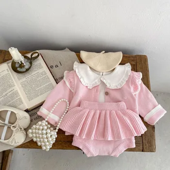 2023, Есенен комплект на детски дрехи за бебета, сладко розово вязаное палто Love + Връхни дрехи за малките момичета