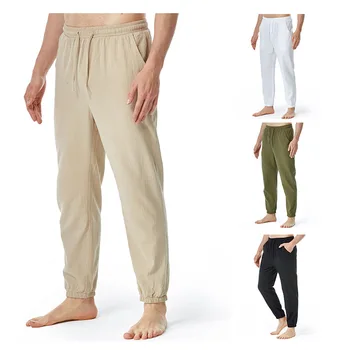 2023 нови мъжки памук, ленени панталони с еластичен ластик на талията, ежедневни панталони за джогинг и йога, свободни мъжки домашни панталони