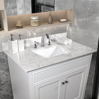31-Инчов Плот за тоалетка маса за баня от камък Karala Бял цвят с правоъгълна керамична мивка под масата и заден брызговиком