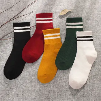 5 двойки женските чорапи с успоредни брусьями, чорапи за екипажа в консервативна стил, Дамски ежедневни студентски чорапи-тръба, Есен