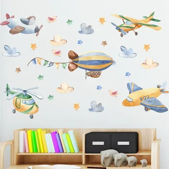 Cartoony хеликоптер, изтребител, стикери за стена за детска стая, декорация на дома, направи си сам, стенни рисувани под формата на самолет, стикер за момчета, плакат на PVC