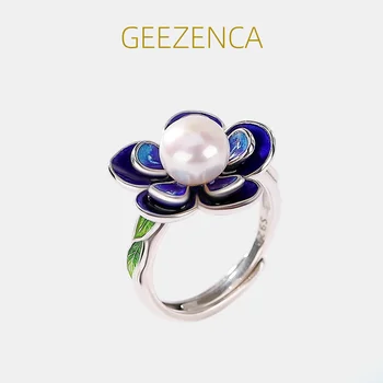 GEEZENCA, Проба 925 Сребърни пръстени с естествени Перли, Син Емайл, Цветни пръстени За жени, Перегородчатое Винтажное Елегантен Скъп пръстен, 2023, Нов подарък
