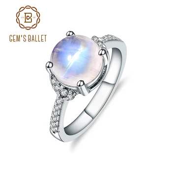 GEM'S BALLET Кръгъл Пръстен с млечно син Лунен камък от настоящето 925 сребро, пръстен с естествен скъпоценния камък за жени, изискани бижута за Годеж