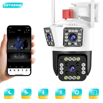 LetsenX 6K WIFI IP Външна 12-мегапикселова камера за Следене на движение PTZ Камера за 4K с три лещи и три екрана, водоустойчив система за сигурност