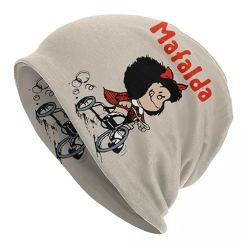 Mafalda Под Наем 3 Колелата На Предния Капак Шапки Готина Вязаная Капачка За Жени, Мъже Топла Зимна Quino Manga Карикатура Skullies Шапки, Шапки