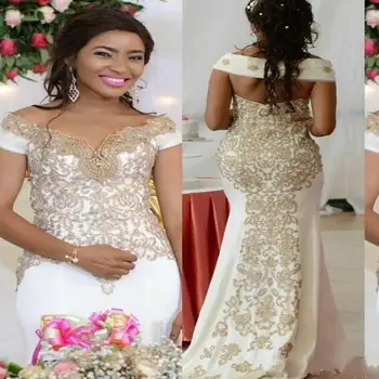 Африкански Нигерийски Сватбени рокли големи размери с открити рамене и златни дантели, сватбената рокля на Русалка, Женски сватбени рокли