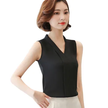 Бяла шифоновая блуза в Корейски стил Елегантен Офис дамски ризи и блузи без ръкави с V образно деколте Дамски Летни работни основни блузи