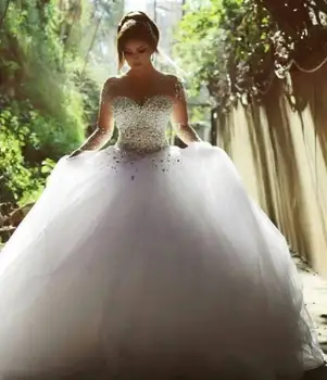 Бяло Секси Сватбена рокля с диаманти дантела с дълъг ръкав, Лукс за младоженци 2023