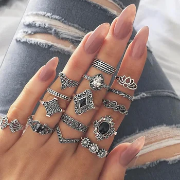 Дамски пръстени в бохемски стил, регулируеми Реколта бижута в стил хипи, комплект пръстени във формата на змия, инкрустирани черни камъни, аксесоари за халки на пръста, бижута