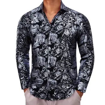 Дизайнерски ризи за мъже, Копринени блузи с дълъг ръкав, Сребристо-черен цвят на цветчета, под формата на мъжки блузи, ежедневни блузи, Дишаща градинска облекло Бари Уонг