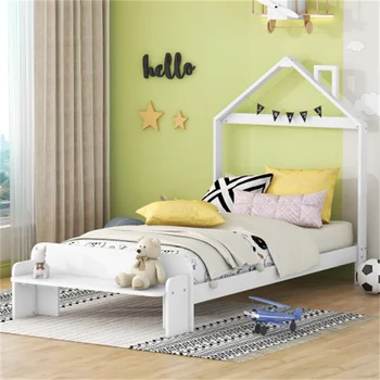 Дървено легло-платформа с таблата във формата на къщички и пейка за краката, бяла, лесна за сглобяване, здрава Мебели за спалня