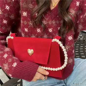 Елегантна велур дамски red чанта за подмишниците винтажного дизайн, дамски чанти през рамо с верига от изкуствени перли, дамски малка чанта-тоут, чанти-тоут