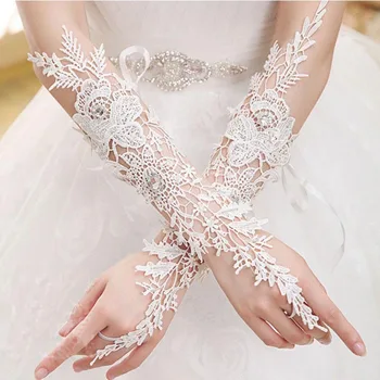 Елегантни Бели Дълги Дантелени Сватбени ръкавици за булката, Кристални Сватбени ръкавици без пръсти до лакътя, Женски сватбени аксесоари SL
