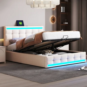 Живеейки легло 140 * 200 С led подсветка рамка на легло с голямо пространство за съхранение на легло, както и на платформата с подплата от плащаницата бежов цвят