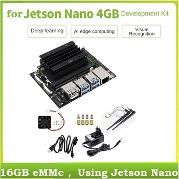 За в jetson Nano 4GB + 16GB EMMC Developer Kit с основната платка + Радиатор + Вентилатор + USB кабел + Мрежова карта + захранващ Кабел Plug EU