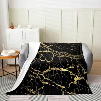 Златното Мраморно Фланелевое флисовое одеяло, съвременно Мраморно Естетическо всесезонное одеало за легло, пушистое одеало за диван-легло
