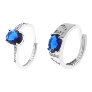Изискан пръстен със сини кристали за двойки, инкрустирани кристали, Цирконий, Регулируеми Отвори на Медни пръстени, Аксесоари за партита