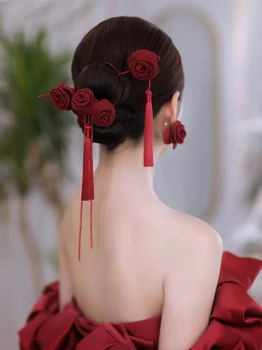 Китайски стил, Нова мода, Червен/бял плат, Рози, Цветя на Булката, Сватбена украса за коса, Аксесоари, Сватбена парти, Банкет декор на главата