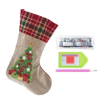 Коледни Чорапи с шарени елхи 5D за стенописи пайети, бродерия на кръстат бод, Окачен чорап, ръкоделие 69HF