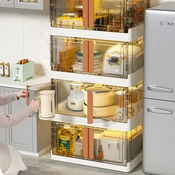 Леки Луксозни Пластмасови Кухненски шкафове, многопластови стелажи за дневна, модерно кухненско обзавеждане, Етаж сгъваща се като шкаф с