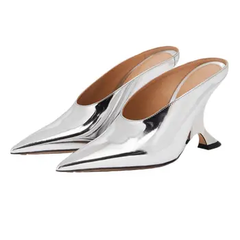 Летни Нови модни Дамски чехли на висок ток с остър пръсти, Чубрица сребристи вечерни Сандали на висок ток, Black дамски обувки, Голям Размер на 43