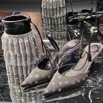 Луксозни Дизайнерски Черни дамски Сандали на висок ток, Искрящи Кристали, Лятна обувки, Чубрица Обувки-лодка с остри пръсти, Прости Однолинейные сандали на висок ток