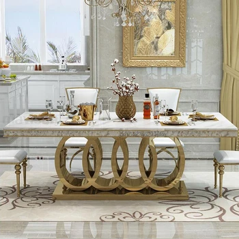 Маса за хранене и столове от постмодерно мрамор с високо качество, комбинация от неръждаема стомана, корона, Златна резбовани мебели за апартамент