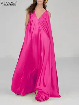 Модни Сатенени Рокли без ръкави, Женствена рокля ZANZEA 2023, Летни Ваканционни Ежедневни Вечерни Рокли с Трапецовидна форма, с V-образно деколте, Дълги Жълти Халати