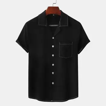 Мъжка лятна риза със средна дължина, копчета, Мъжки топ с ревери, однобортный Свободен топ с къс ръкав, однотонная риза с джоб накладным