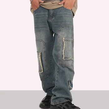 Мъжки Дънки Y2K с винтажным миещ се плюшено ръб, с множество джобове, с права тръба, малко дизайн, свободни Суров панталони