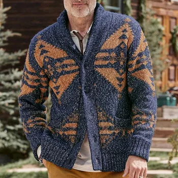 Мъжки Пуловер, Жилетка, Есенно-зимния Нов Модерен принт, Всекидневни пуловер с голям размер с отворотами в ретро стил, палто