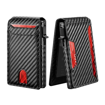 Мъжки тънък минималистичен смарт портфейл с RFID заключване, поп чантата си, държач за кредитни карти, двоен портфейл от въглеродни влакна