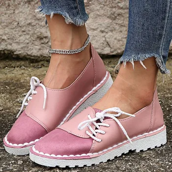 Нескользящие ежедневни дамски обувки с равна подметка в ретро стил с шнур, без шнур, Женски обувки на плоска подметка с кръгло бомбе, Пролетно-есенни обувки, Дамски обувки