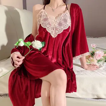 Нова златно кадифе пижами, дамски секси топла нощница на бретелях, малка червена книга купон със същия абзац, домашно облекло