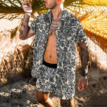 Нови мъжки хавайски комплекти, лятна риза с къс ръкав и копчета, с флорални принтом, плажни шорти, два комплекта мъжки спортни ризи в стил хип-хоп, потници, тениски
