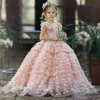 Ново Луксозно Розова Бална рокля с цветя модел за момичета, сватбена рокля с 3D флорални апликации за деца, Празнична рокля за Първо Причастие без ръкави