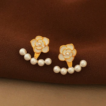 Обеци с перли във формата на цвете камелия за жени, минималистичные елегантни обеци, сладки летни декорации, бижута корея