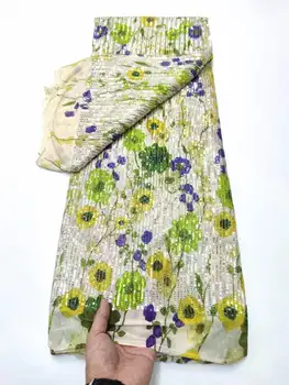 Продажба на едро на африканската тъкан 2023, най-Новата цветна индийски плат сари, Висококачествен тюл с 3D принтом, плат със зелени искри, сватбена рокля