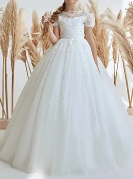 Просто тюлевое бяло дантелено рокля с аппликацией на гърба, копчета, рокли на цветчета за момичетата, пищни бебешка рокля на принцеса за сватбени партита