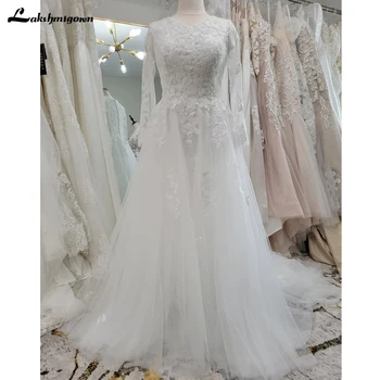 Сватбени рокли Трапецовидна форма в стил Бохо За жени 2023, Прости Дантелени апликации с дълъг ръкав, Бельо Сватбена рокля по поръчка