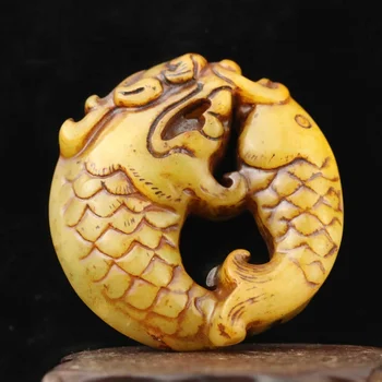 Стар порцелан натурален нефрит изрежете ръчно статуетка на дракон висулка х