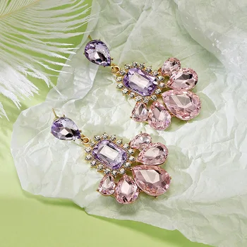 Съблазнителен Дамски обеци с големи розови и лилави кристали, Луксозни обеци с цветя За жени, Сватбени Висящи обеци с капки вода, бижута