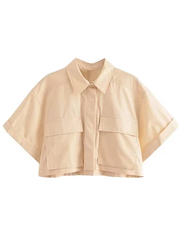 ТРАФИКА на Simple 2023, Летни Дамски обикновена къси блузи, Модни Дамски ризи с отложным яка, къс ръкав и джобове, два цвята