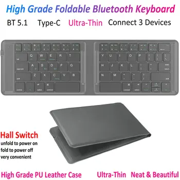 Ультратонкая тънка сгъваема клавиатура Bluetooth 5.1 USB C за Windows, Android и Mac ios за ipad, компютър, таблет, телефон и т.н.