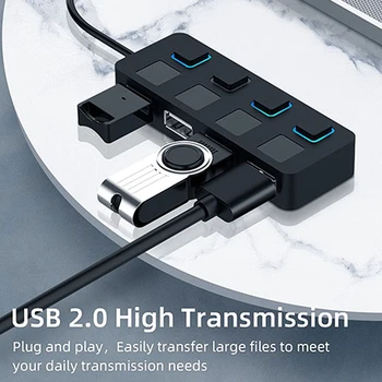 Хъб USB 2.0, 4 порта, USB-ключ за включване/изключване, Сплитер, удължител с независима бързо прехвърляне на данни е 480 Mbps адаптер за PC, компютър