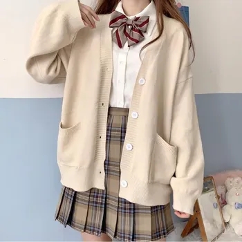 Японски училищен пуловер Пролет-есен, 100% Памук вязаный пуловер с V-образно деколте, униформи JK, Жилетка, Многоцветни Костюми за момичета