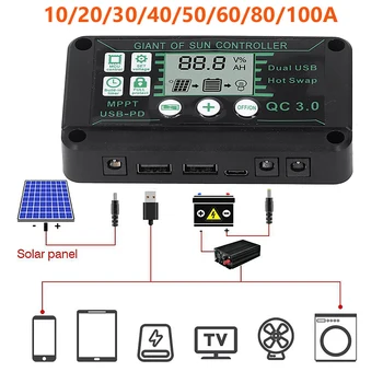 MPPT Контролер на заряд на Слънчеви батерии 100A/80A/60A/50A/40A/30A/12V 10A 24V Регулатор на Батерията слънчев панел С два USB-порта LCD дисплей