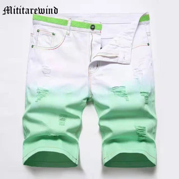 Мъжки къси панталони Наклон зелен Цвят, Лятна Ежедневни Свободна Градинска облекло в стил хип-хоп, Модерен реколта панталони Y2k с дупки за Всеки ден